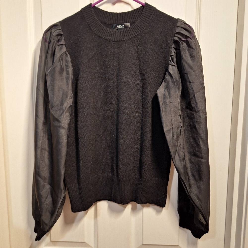 Aqua Cashmere Black Puff Sleeve Sweater XS